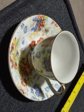 Vintage Occupied Japan Floral Demitasse Teacup and Saucer Set with Gold Trim